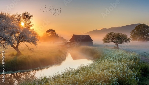 beautiful landscape with farmhouse water tree morning sun photo