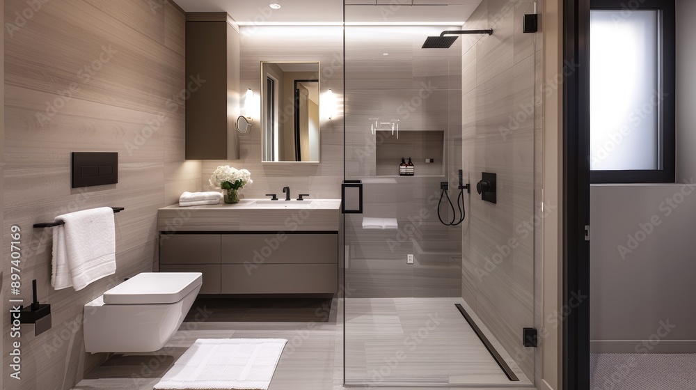 A modern bathroom with a walk-in shower, sleek fixtures, and fluffy towels, with copy space, high-resolution photo, realistic photo, hyper realistic A modern bathroom with a walk-in shower, sleek fixtures, and fluffy towels, with copy space, high-resolution photo, realistic photo, hyper realistic