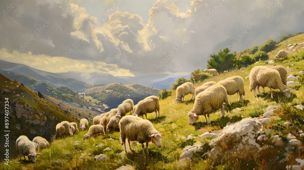 Farm Animals: Flock of sheep grazing peacefully on a lush hillside. Serene pastoral scene showcasing the harmony of nature and agriculture, ideal for concepts of rural life, farming, sustainability. Farm Animals: Flock of sheep grazing peacefully on a lush hillside. Serene pastoral scene showcasing the harmony of nature and agriculture, ideal for concepts of rural life, farming, sustainability.