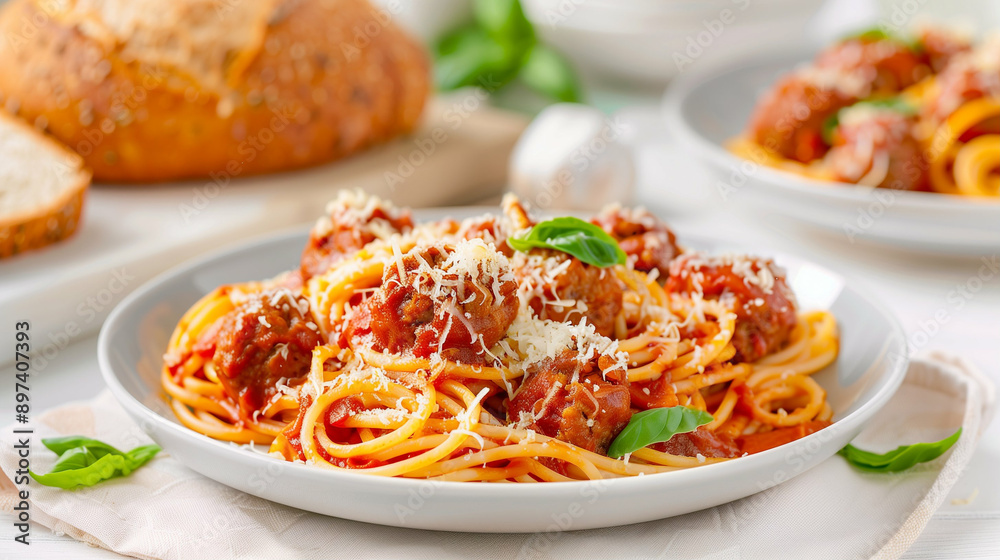 Delicious spaghetti with meatballs served in a bowl. This hearty pasta dish is topped with fresh herbs and cheese. Enjoy this classic Italian recipe bursting with flavor