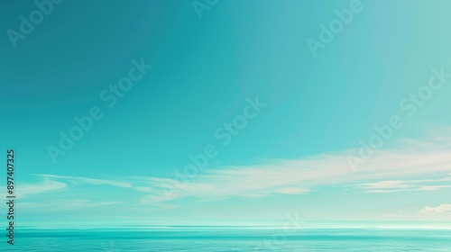 Tranquil scene of the vast ocean meeting a serene blue sky, with delicate, wispy clouds gently drifting by, bathed in the warm glow of the sun