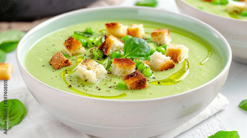 Bowl of Green Soup with Croutons and Fresh Basil. Delicious Creamy Vegetable Soup in a White Bowl Garnished with Olive Oil and Peas. Light and Healthy Meal Bowl of Green Soup with Croutons and Fresh Basil. Delicious Creamy Vegetable Soup in a White Bowl Garnished with Olive Oil and Peas. Light and Healthy Meal
