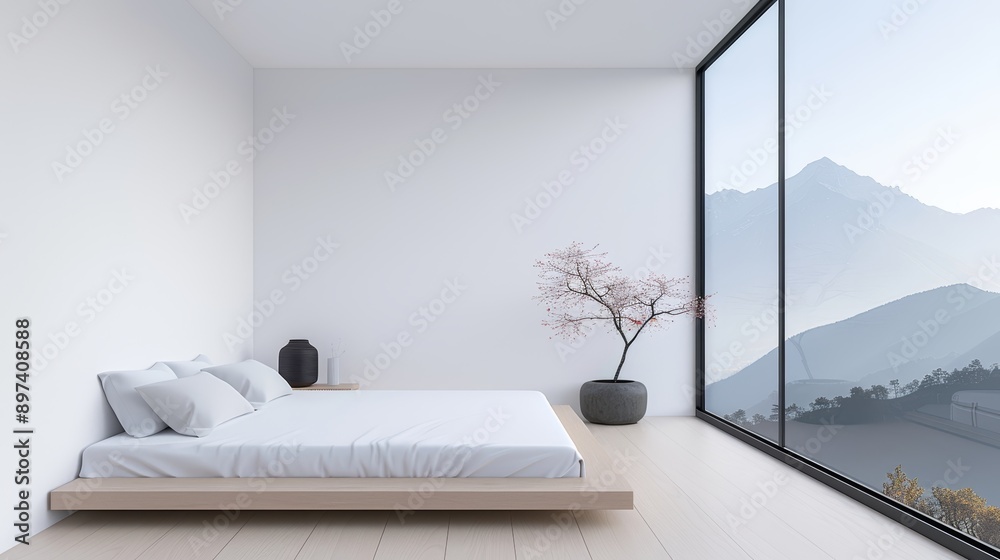 custom made wallpaper toronto digitalA minimalist bedroom with a platform bed, simple decor, and a large window with a view of the city, with copy space, high-resolution photo, realistic photo, hyper realistic