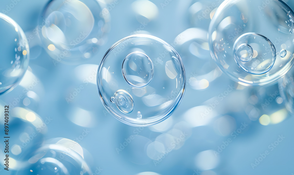 oil bubbles floating against a light background. The bubbles are semi-transparent with a reflective quality