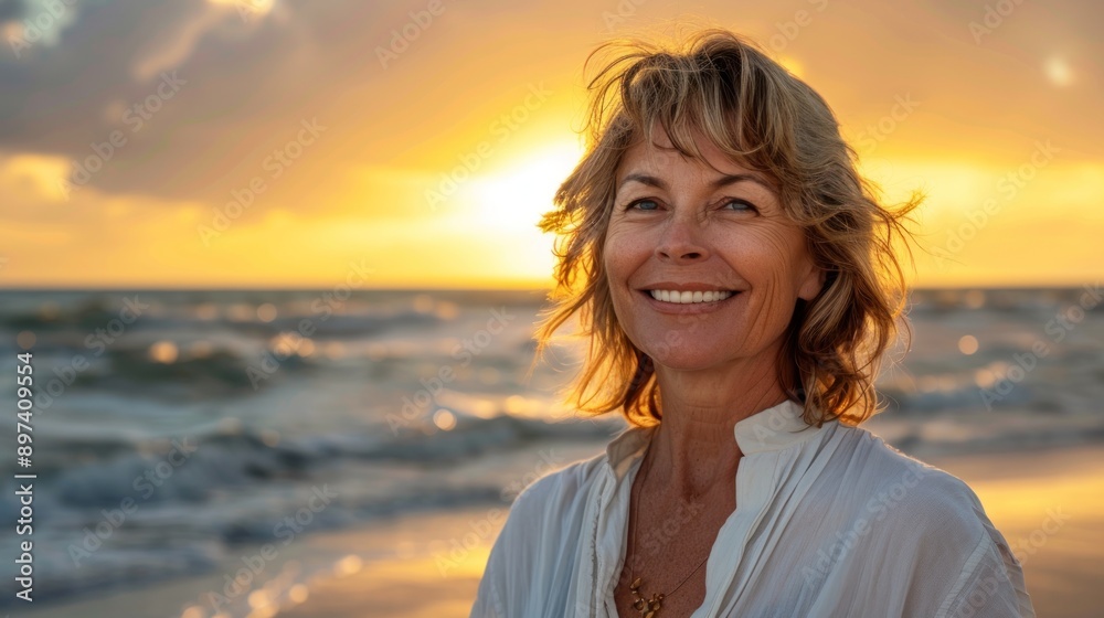 Smiling Mature Asian Woman on Beach at Sunset. generative AI Smiling Mature Asian Woman on Beach at Sunset. generative AI