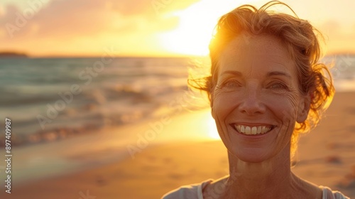 Smiling Mature Asian Woman on Beach at Sunset. generative AI