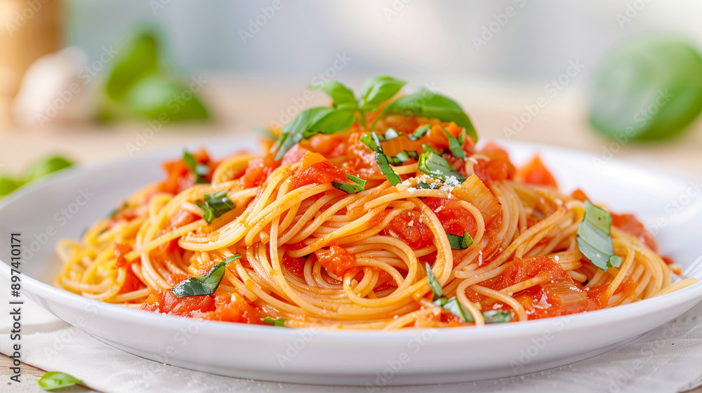 Delicious Spaghetti Dish with Tomato Sauce and Fresh Basil. Perfectly Cooked Pasta Served on a White Plate with Garnishes. Italian Cuisine Inspired Meal Delicious Spaghetti Dish with Tomato Sauce and Fresh Basil. Perfectly Cooked Pasta Served on a White Plate with Garnishes. Italian Cuisine Inspired Meal