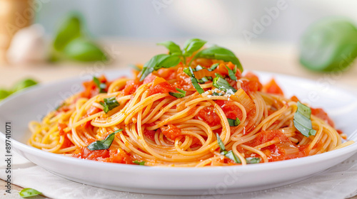 Delicious Spaghetti Dish with Tomato Sauce and Fresh Basil. Perfectly Cooked Pasta Served on a White Plate with Garnishes. Italian Cuisine Inspired Meal