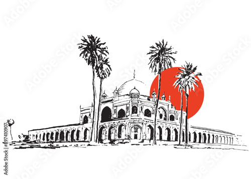 Drawing sketch illustration of the Tomb of Humayun in Delhi, India