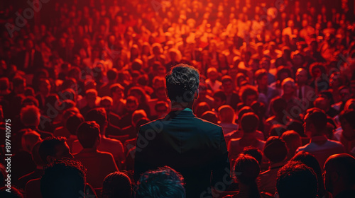 Politician addressing a crowd at a town hall meeting, election campaign, community engagement
