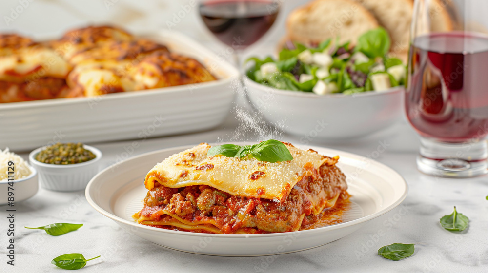 Lasagna with Rich Tomato Sauce and Cheese. Delicious Italian Cuisine Pasta Dish Served with Salad and Red Wine. Perfectly Baked Comfort Food Lasagna with Rich Tomato Sauce and Cheese. Delicious Italian Cuisine Pasta Dish Served with Salad and Red Wine. Perfectly Baked Comfort Food