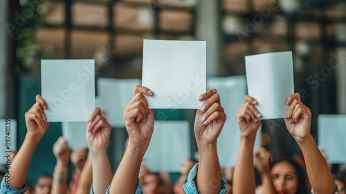 Hands holding up voting ballots, political election, importance of every vote photo