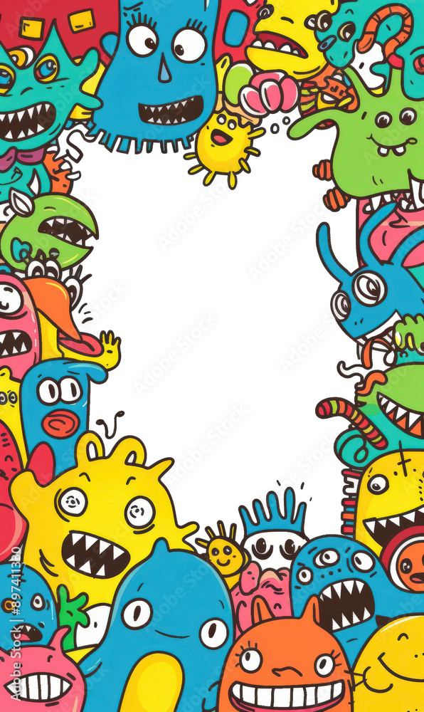 Colorful Cartoon Monsters Surrounding White Space Colorful Cartoon Monsters Surrounding White Space