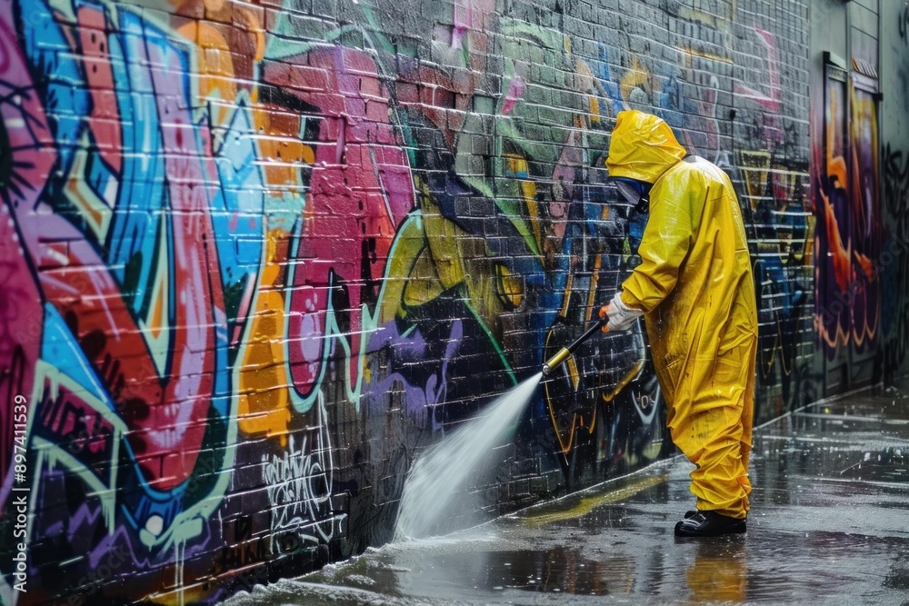 Man in a yellow protective suit is removing graffiti from a brick wall using a pressure washer