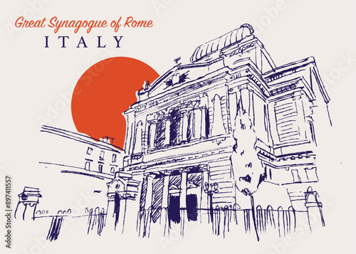 Obraz na płótnie Drawing sketch illustration of the Great Synagogue of Rome, Italy w salonie
