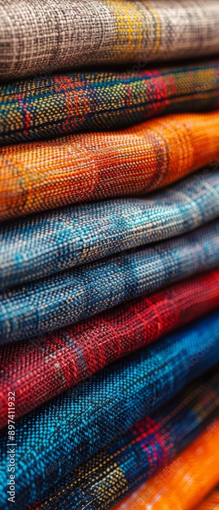 A stack of colorful blankets with a variety of colors including blue, red A stack of colorful blankets with a variety of colors including blue, red