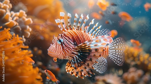 Magnificent Lionfish Swimming Amidst Vibrant Coral Reef