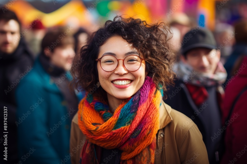 Portrait of a happy asian woman in her 30s wearing a cozy sweater on vibrant festival crowd Portrait of a happy asian woman in her 30s wearing a cozy sweater on vibrant festival crowd
