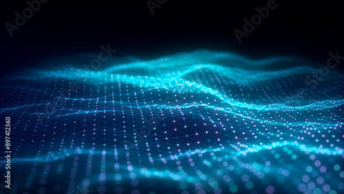 Music color wave of particles and lines. Big data visualization. Abstract blue background with a dynamic wave. 3d rendering.