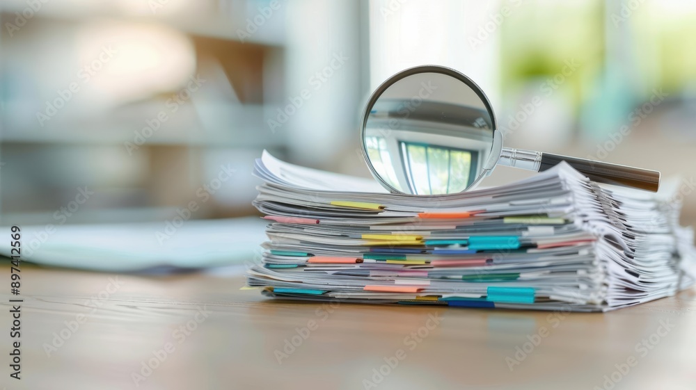 Financial audit, magnifying glass on documents, 3D illustration, scrutiny concept, copy space Financial audit, magnifying glass on documents, 3D illustration, scrutiny concept, copy space