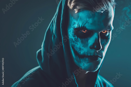 Man with skull face paint and glowing eyes in a hoodie