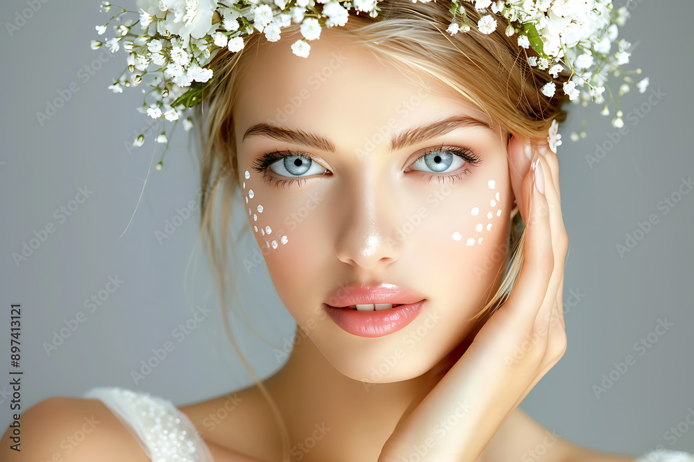 Ethereal Portrait of a Woman with Floral Wreath and Face Art Ethereal Portrait of a Woman with Floral Wreath and Face Art