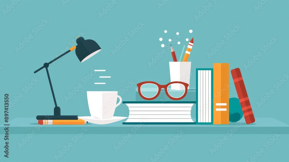 A desk with a lamp, a cup, a book, and a pair of glasses A desk with a lamp, a cup, a book, and a pair of glasses