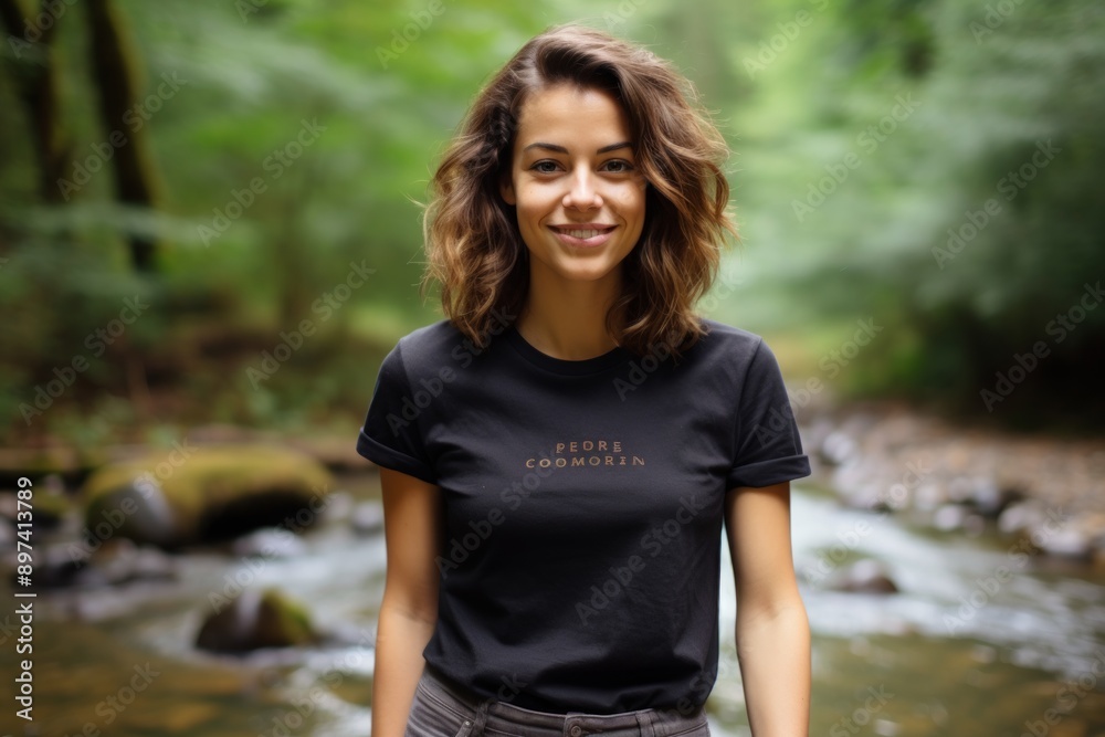 Portrait of a jovial woman in her 30s sporting a vintage band t-shirt in tranquil forest stream Portrait of a jovial woman in her 30s sporting a vintage band t-shirt in tranquil forest stream