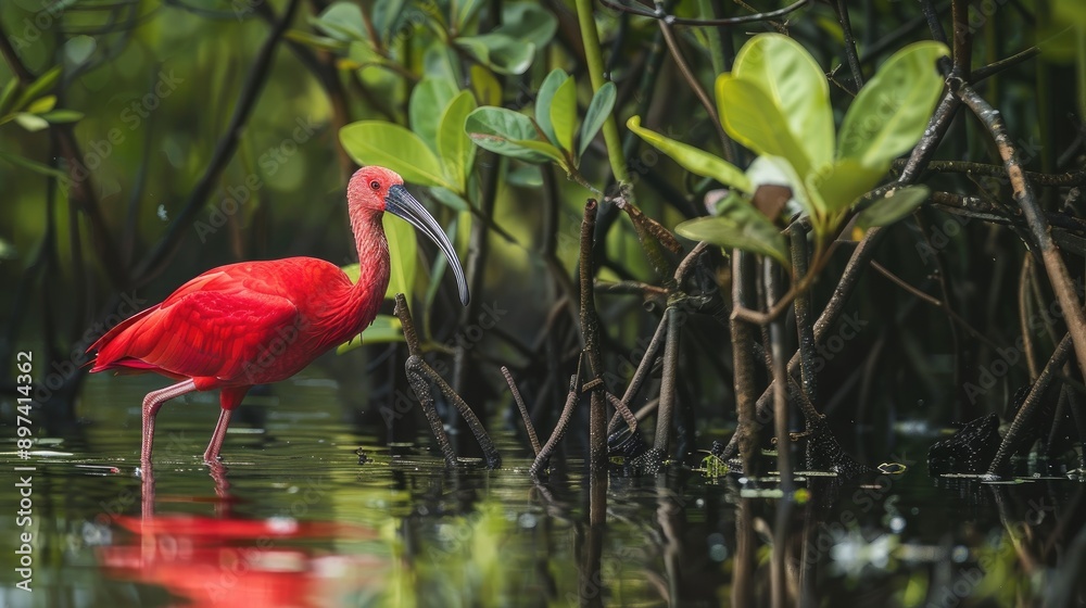 Naklejka premium Scarlet ibis wading through a lush mangrove swamp, its bright red plumage contrasting with the green background