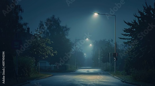 Foggy Night Street with Streetlights - Photo