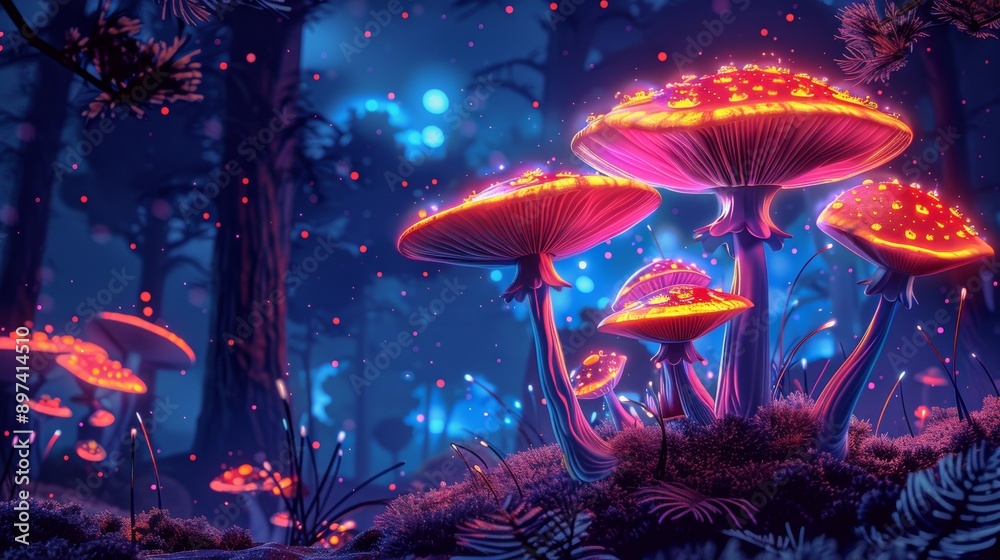 Fototapeta premium enchanted doodle of magic mushrooms in a whimsical forest, creating a surreal fantasy world filled with mystery and adventure