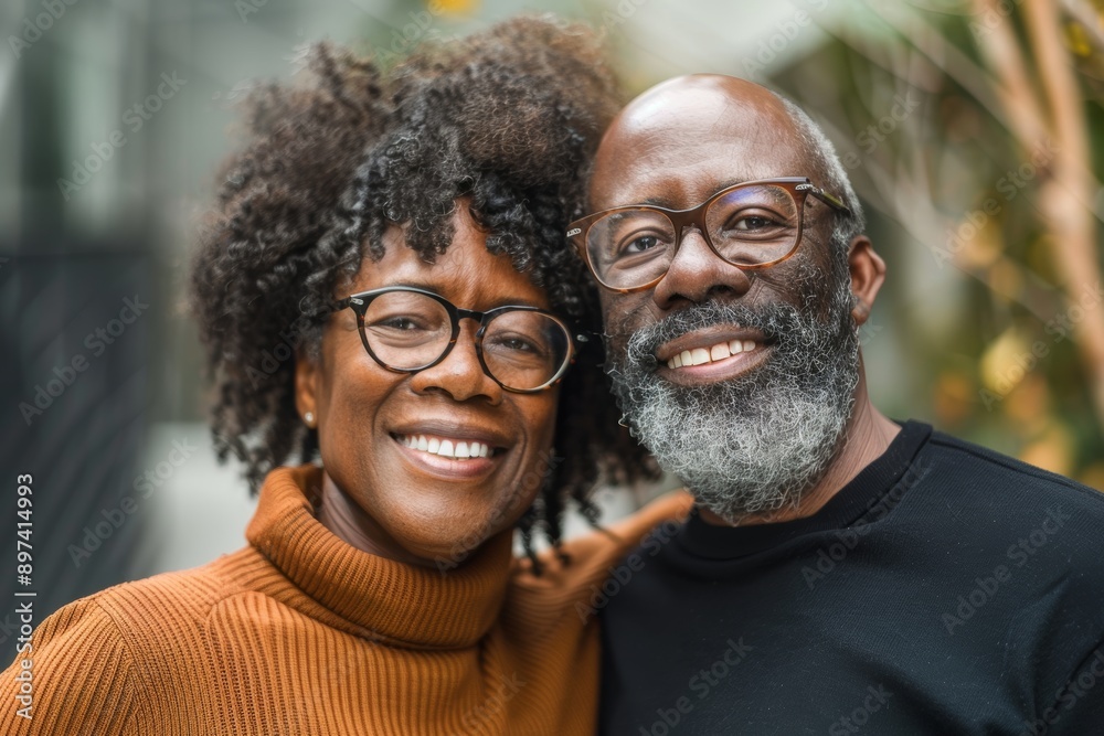 Portrait of a grinning afro-american couple in their 40s looking at the camera Portrait of a grinning afro-american couple in their 40s looking at the camera