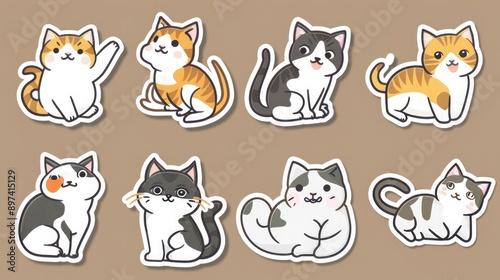 Set of cute and simple cat stickers in a Japanese anime cartoon style, showcasing various expressions and activities in vibrant colors