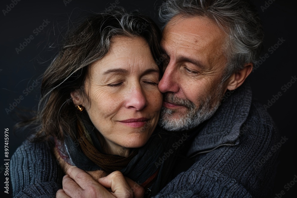 Portrait of a tender couple in their 40s hugging each other Portrait of a tender couple in their 40s hugging each other