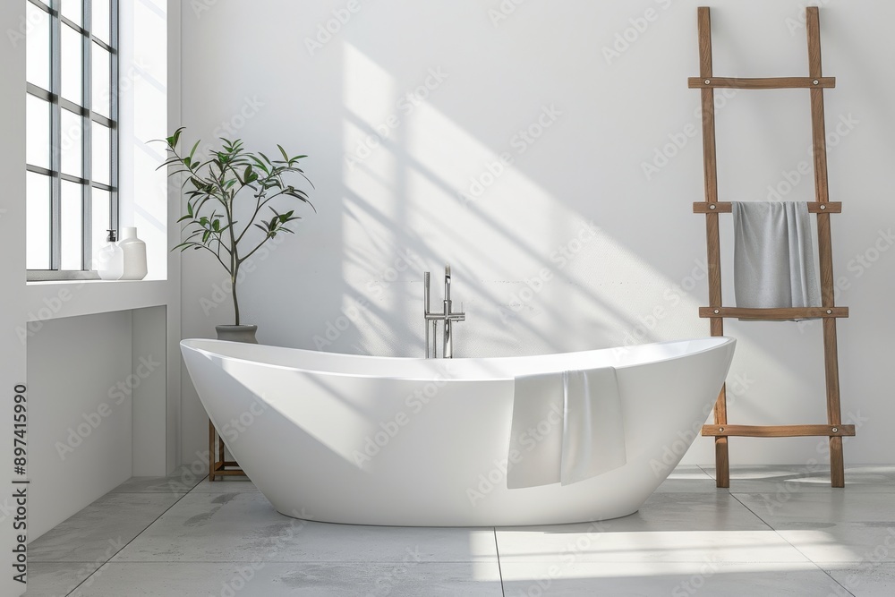 Modern bathroom interior with white bathtub and ladder. Modern bathroom interior with white bathtub and ladder.