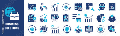 Business Solutions icon collection set. Containing design, business, solution, strategy, success, technology, and more. Solid vector icons collection.	