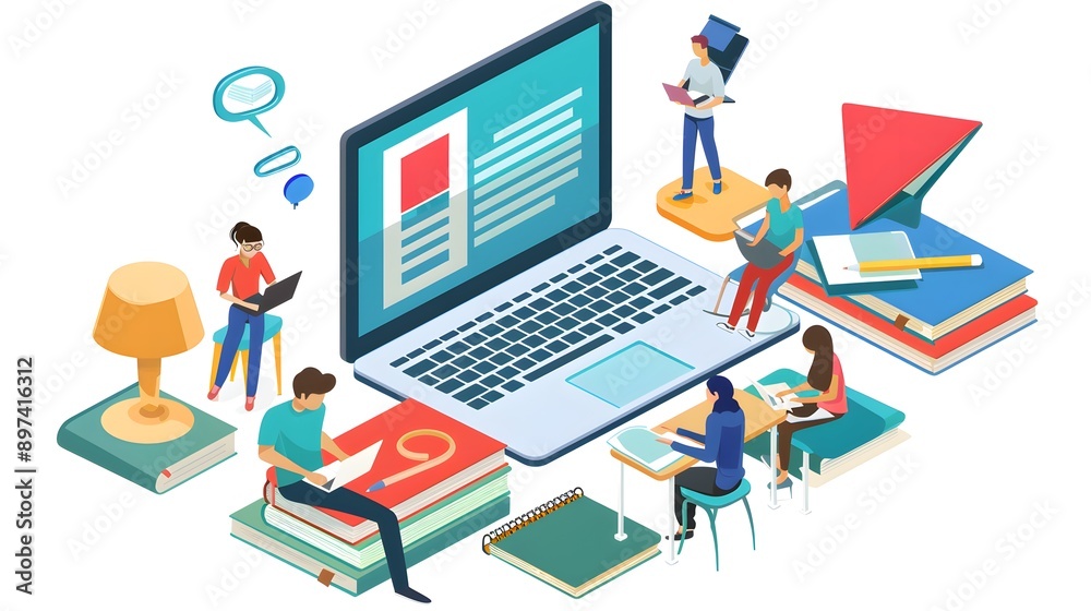 Online Learning and Education: Students Using Laptops and Books Online Learning and Education: Students Using Laptops and Books