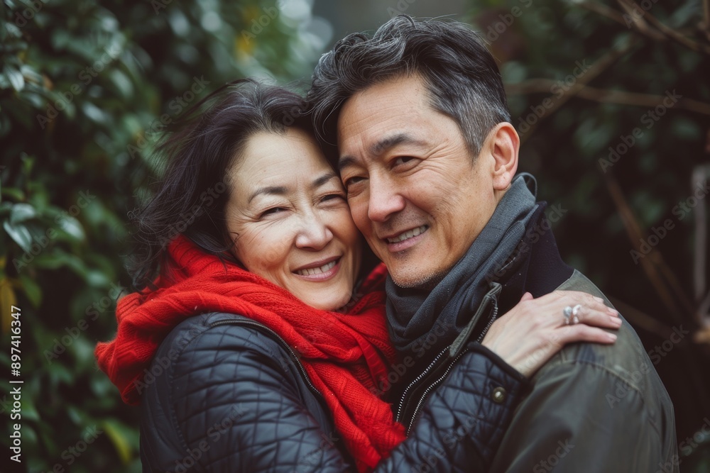 Portrait of a grinning asian couple in their 40s hugging each other kissing Portrait of a grinning asian couple in their 40s hugging each other kissing