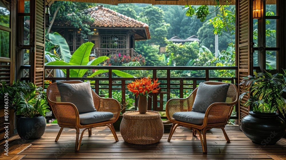 Fototapeta premium Tranquil Patio with Lush Greenery