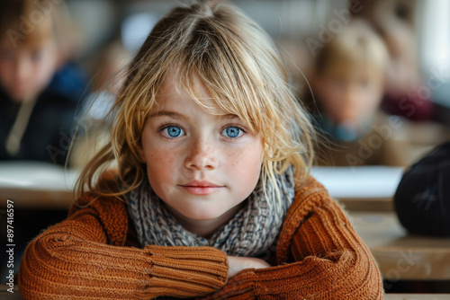 Blonde-Haired Child with Freckles and Blue Eyes in Classroom