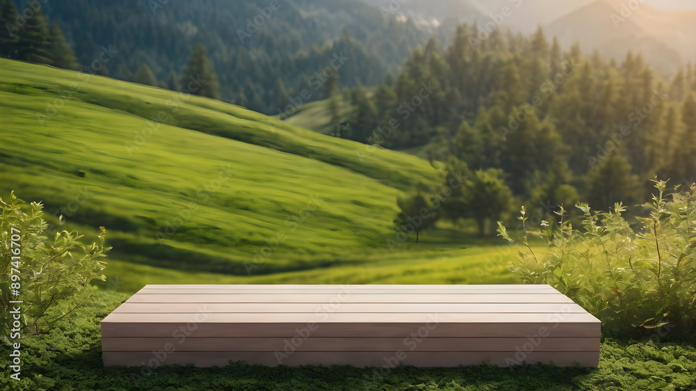Empty space mockup podium for tea product, blur nature background. Generative AI Empty space mockup podium for tea product, blur nature background. Generative AI