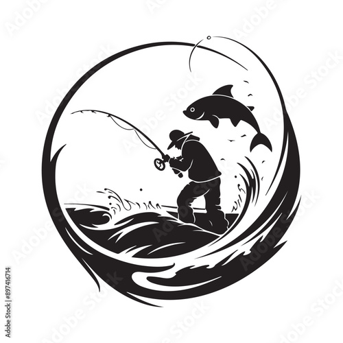 Fishing Logo Design Vintage Circle Fisherman Vector Image isolated on white