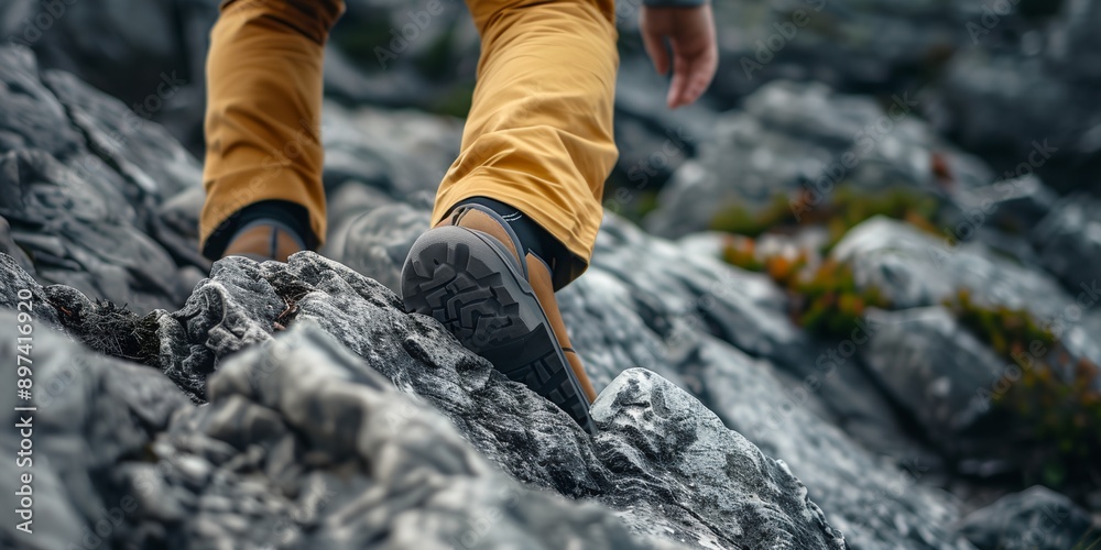 A person is walking on a rocky surface with a brown shoe. The person is wearing a yellow pant A person is walking on a rocky surface with a brown shoe. The person is wearing a yellow pant
