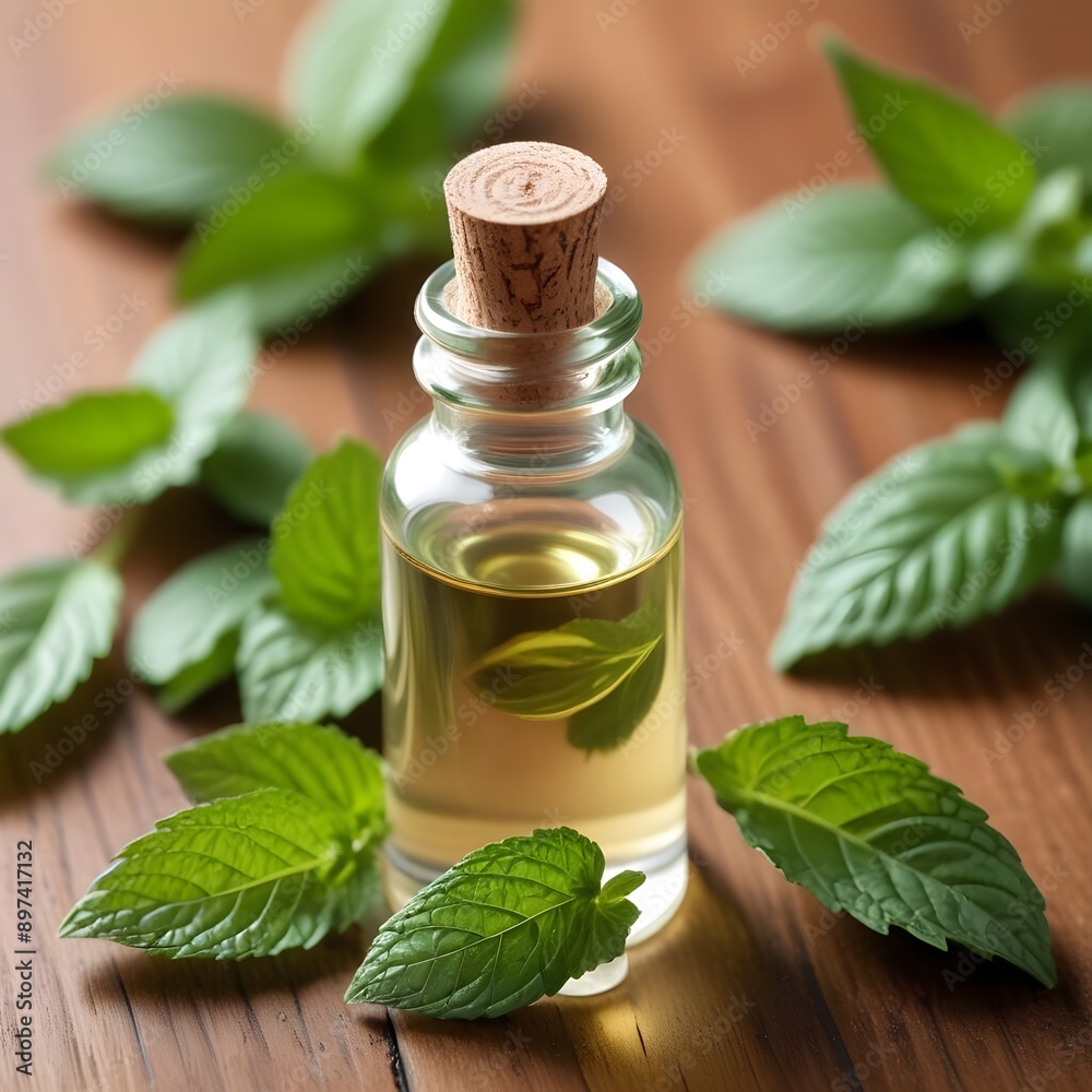 Peppermint oil in a glass dropper bottle, with fresh green peppermint leaves scattered around it, showcasing the oil's clarity and color, on a wooden surface under soft natural light Peppermint oil in a glass dropper bottle, with fresh green peppermint leaves scattered around it, showcasing the oil's clarity and color, on a wooden surface under soft natural light