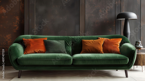 Contemporary green sofa against a dark wall, sleek decor, Green couch, elegant simplicity photo