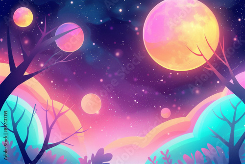 Colorful fantasy landscape with planets shining over trees at night, with stars shining in the background. Halloween festive background