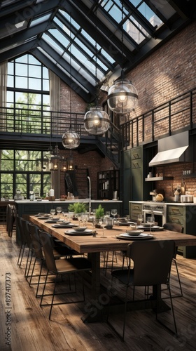 A modern industrial home featuring exposed brick walls and steel beams in an open-plan living area during the morning   © Ghulam
