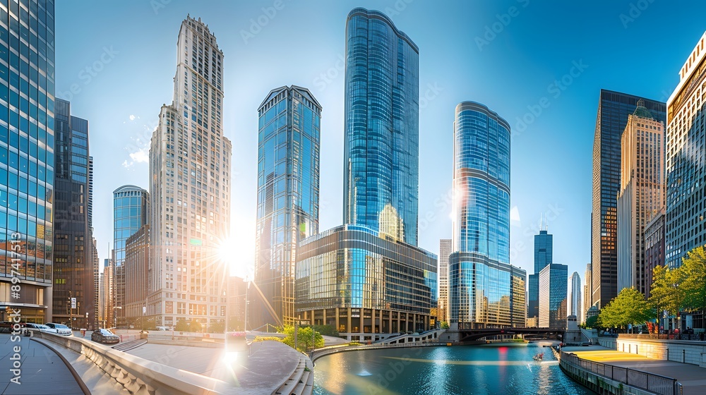 Obraz premium Chicago Skyline with River and Sunset