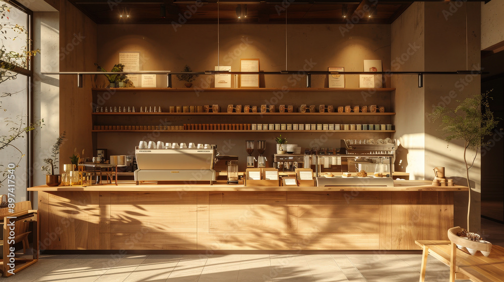 Minimalist cafe featuring warm earth tones Minimalist cafe featuring warm earth tones