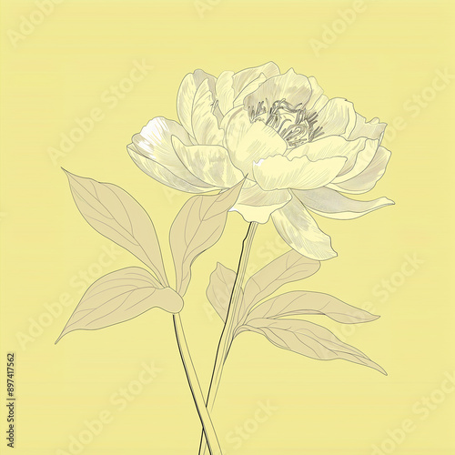 Wallpaper featuring a single peony illustration on a yellow background. Graphic design. Square format.